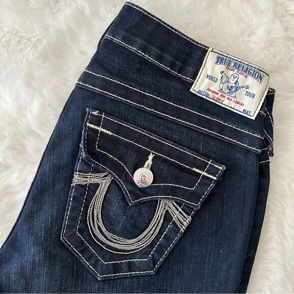 True Religion White Stitching Chain Details Skinny Jeans Dark Wash - Picture 2 of 13
